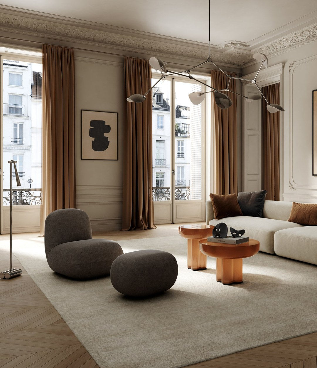 Snake Floor Lamp by 101 Copenhagen in Chrome in a styled interior, view 2 – In Dubai by WSPR