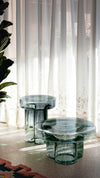 Soda Coffee Table by Miniforms styled in green blown glass in a bright room with sheer curtains – In Dubai by WSPR