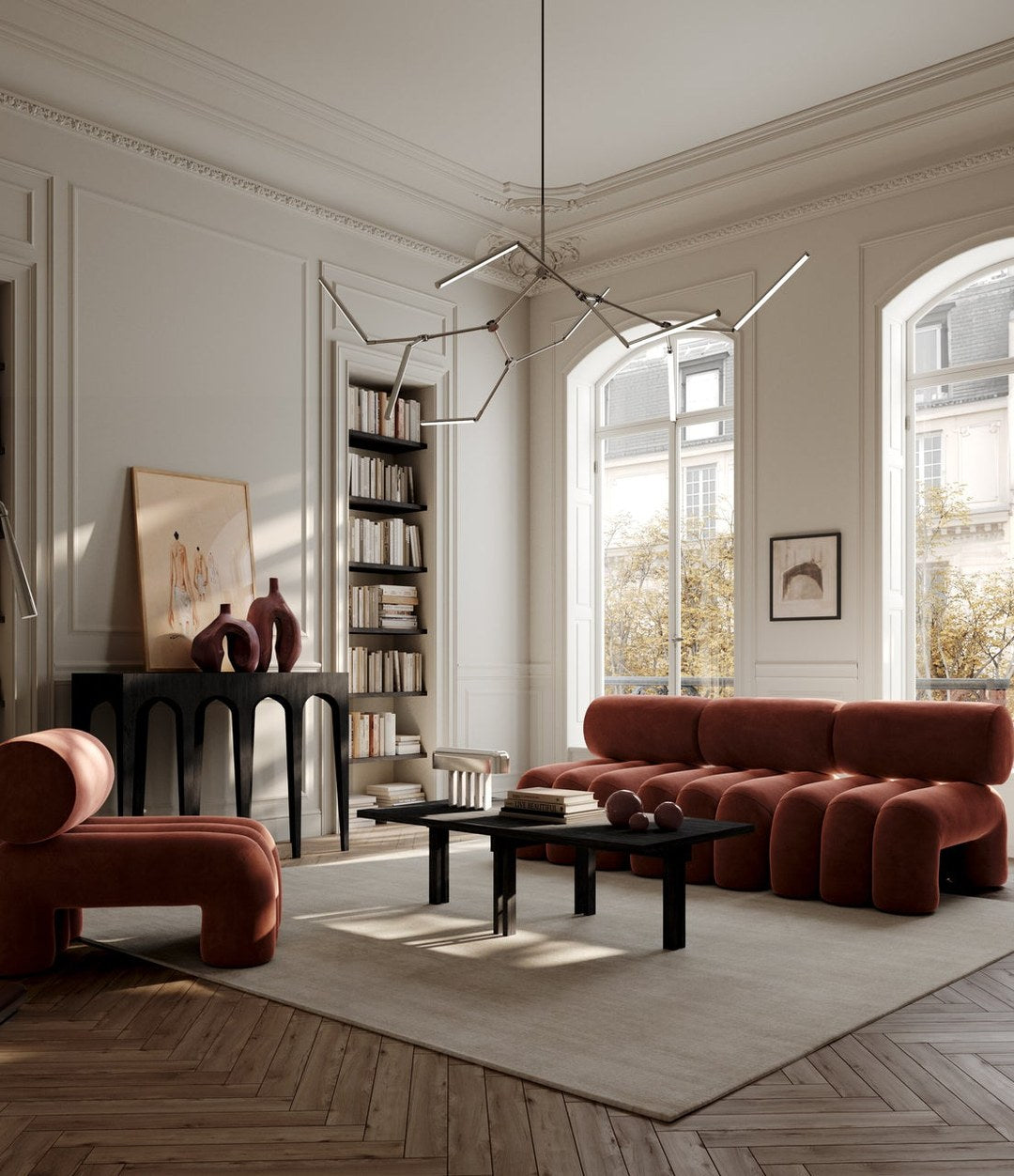 Stick Chandelier by 101 Copenhagen in Chrome in a styled interior – In Dubai by WSPR