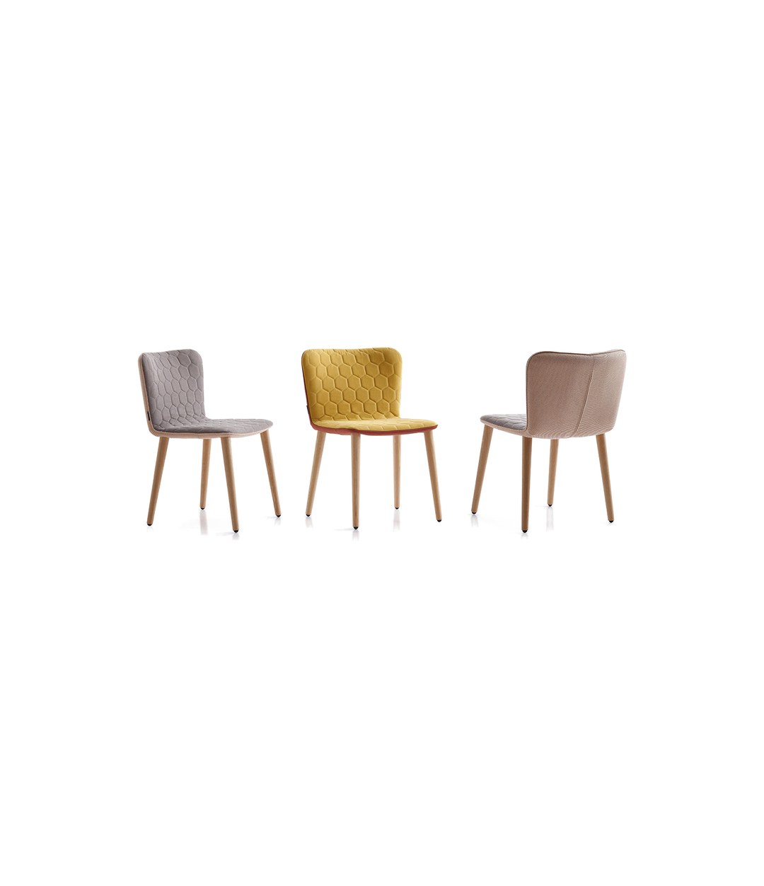 Tea Chair by Sancal three chairs in grey, yellow and pink – In Dubai by WSPR