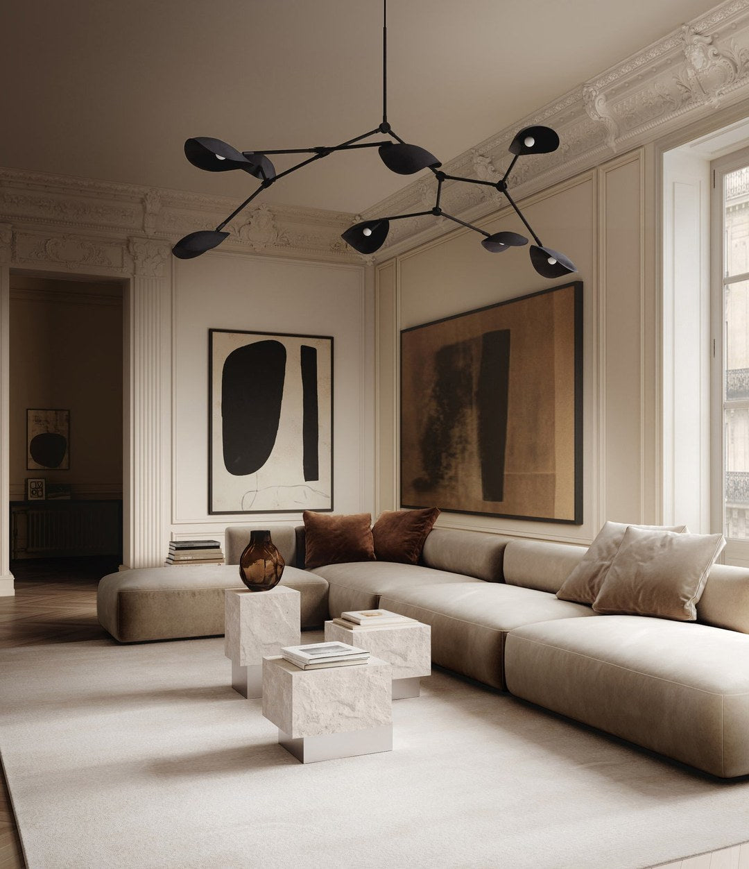 Temple Coffee Table, Tall by 101 Copenhagen in Chrome / Limestone in a styled interior – In Dubai by WSPR
