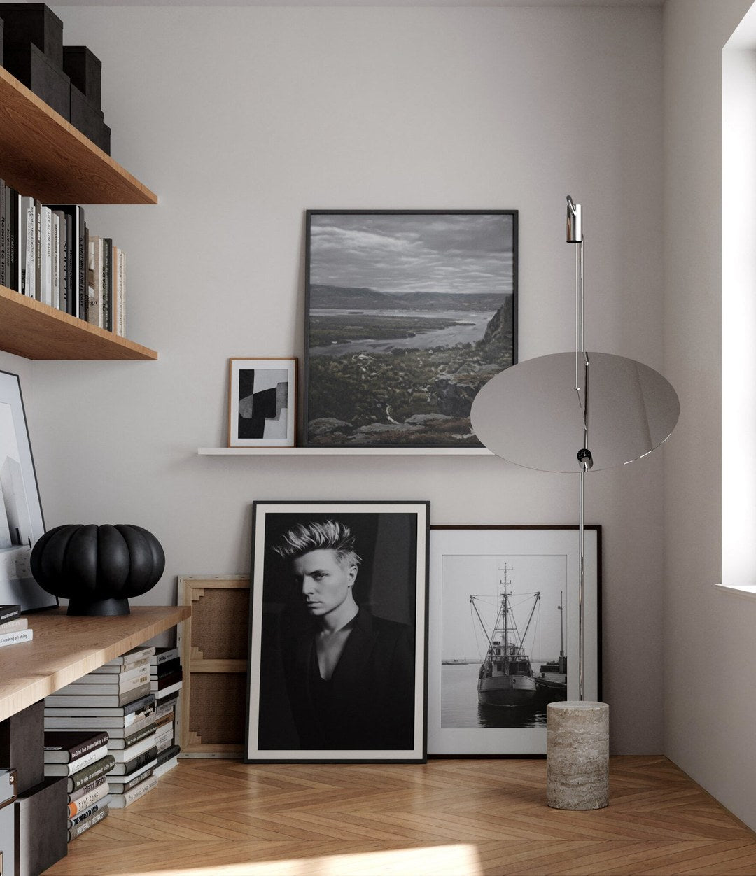 The Moon Floor Lamp by 101 Copenhagen in Chrome in a styled interior, view 3 – In Dubai by WSPR