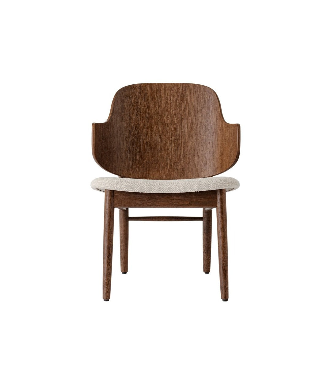 Penguin Wooden Lounge Chair by Audo in red stained oak with an upholstered seat, front view – In Dubai by WSPR