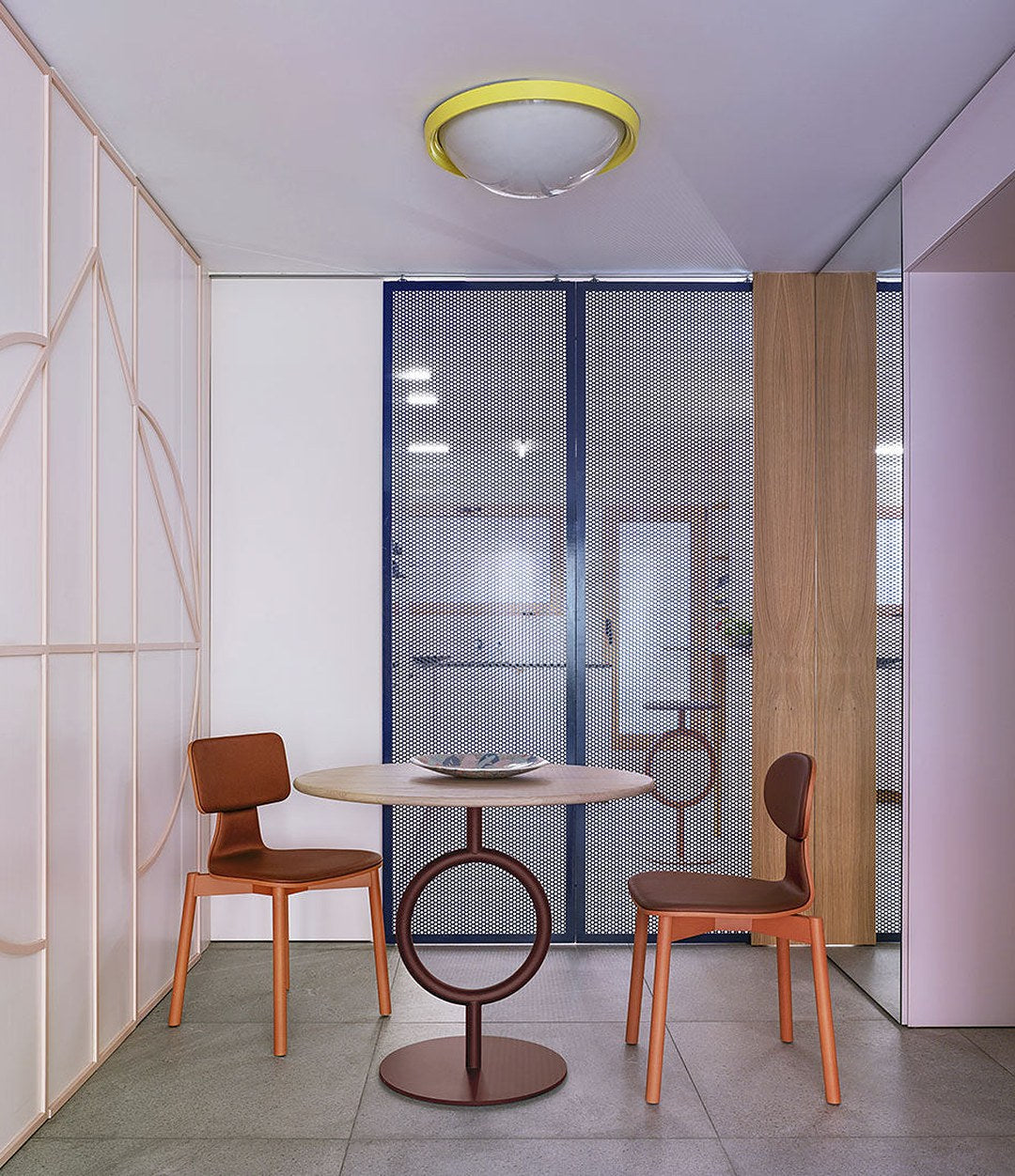 Totem Dining Table by Sancal in brown with orange chairs – In Dubai by WSPR