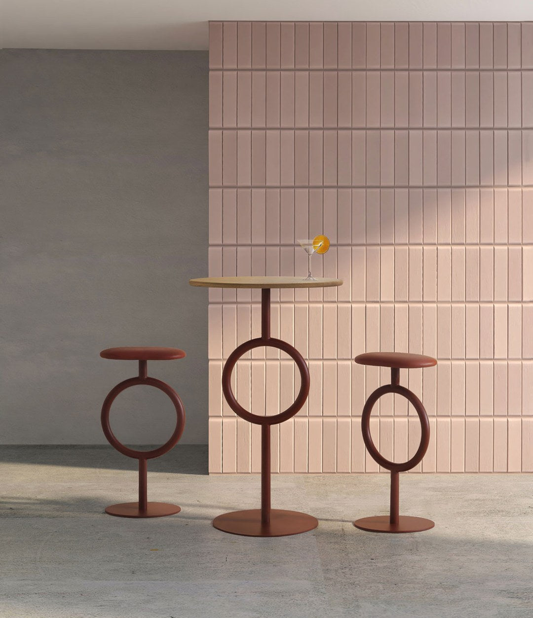 Totem Dining Table by Sancal bar tables in rust against pink tiles – In Dubai by WSPR