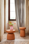 Tototò Coffee Table by Miniforms in natural terracotta, styled with tulips in a pink vase – In Dubai by WSPR