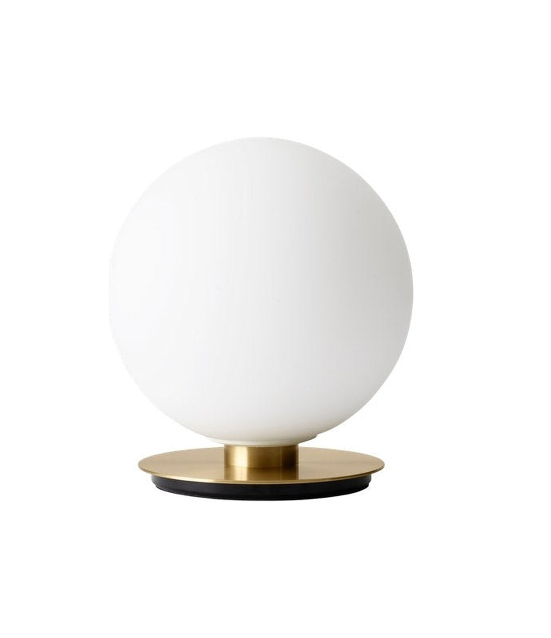 TR Bulb Table/Wall Lamp by Audo in matte brass, front view of the opal glass sphere on its round base – In Dubai by WSPR