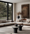 Trumpet Table, Tall by 101 Copenhagen in Silver Travertine in a styled interior, view 2 – In Dubai by WSPR