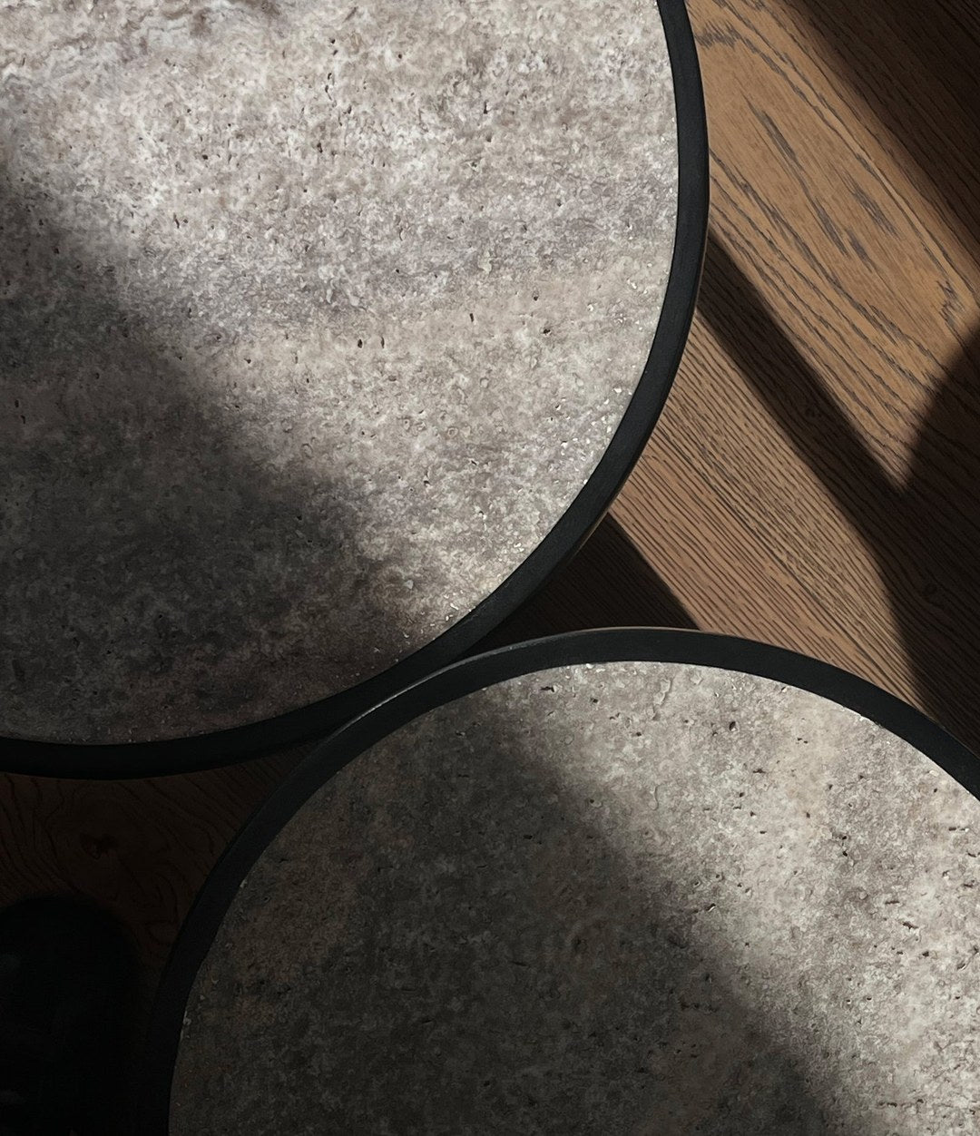 Trumpet Table, Tall by 101 Copenhagen in Silver Travertine in a styled interior, view 3 – In Dubai by WSPR
