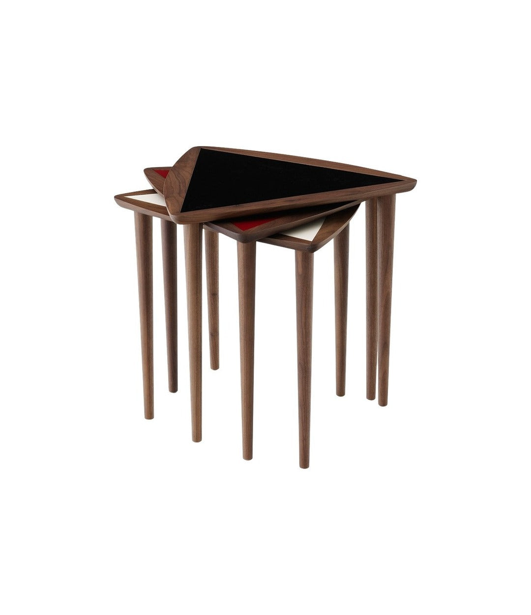 Umanoff Nesting Side Table by Audo in walnut with black, burgundy and Fog tops, three tables stacked – In Dubai by WSPR