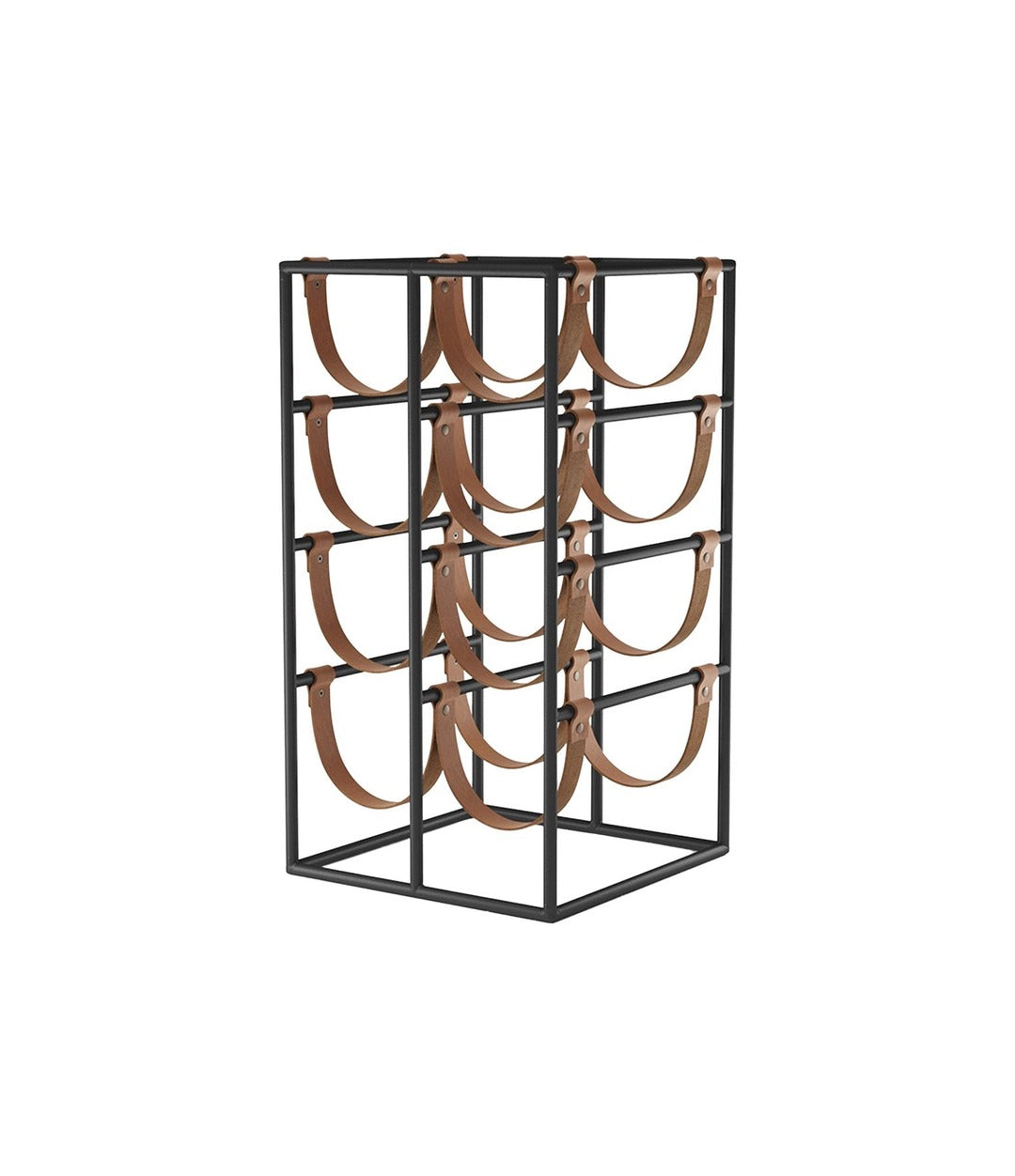 Umanoff Wine Rack by Audo in black powder coated steel with leather, angled view – In Dubai by WSPR