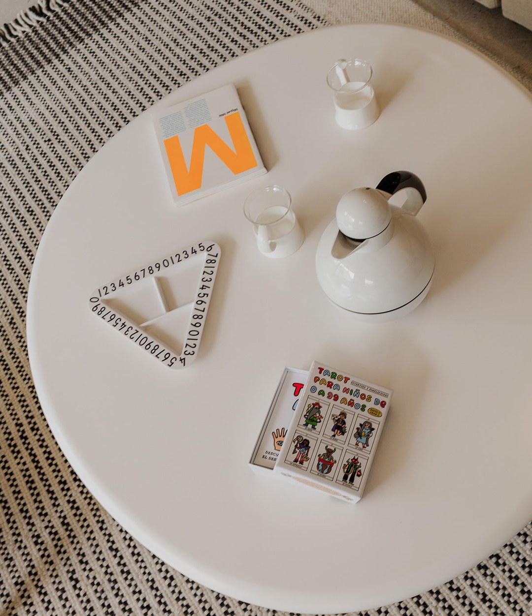 Vesper Coffee Table by Sancal in white with objects, from above – In Dubai by WSPR