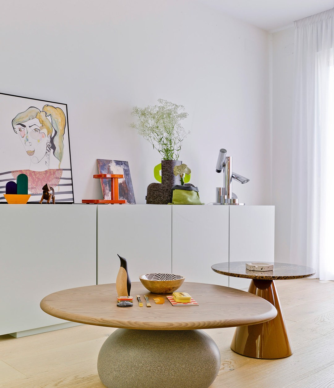 Vesper Coffee Table by Sancal with an ash top beside a white sideboard – In Dubai by WSPR
