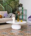 Vesper Coffee Table by Sancal in white on a patterned rug – In Dubai by WSPR