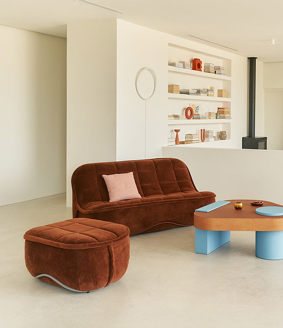 Vibe Sofa by Sancal in brown velvet with a pouf and lounge chair – In Dubai by WSPR
