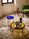 Zigo Coffee Table by Miniforms with Yellow Amber cast glass, both sizes styled on a shaggy rug – In Dubai by WSPR
